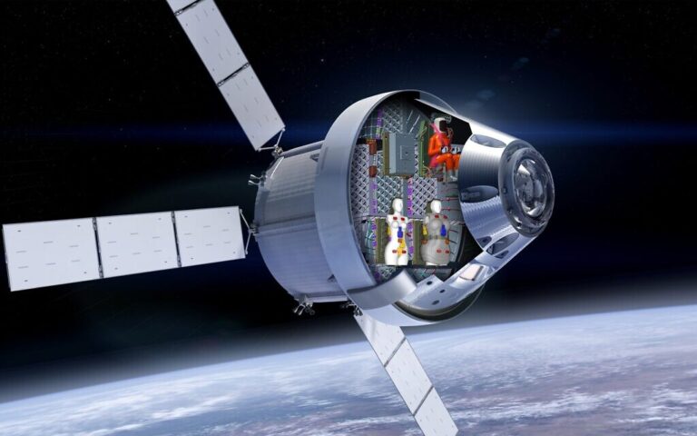 An illustration of the Orion aircraft carrying two female-form human mannequins, one wearing the AstroRad protection suit by Israeli company Stemrad. (NASA/DLR)