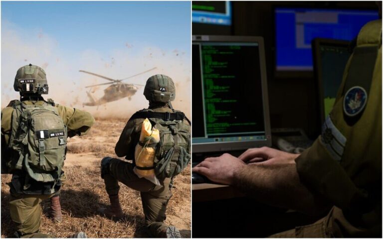 Left: IDF combat soldiers take part in a drill in December 2021; Right: An IDF soldier from the C4I Corps types on a computer. (Israel Defense Forces)