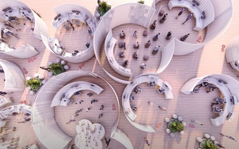 The office of the future, as imagined by Rotem Kenan & Maya Schuldenfrei for Check Point, which rounds the shape of the open space (Courtesy)