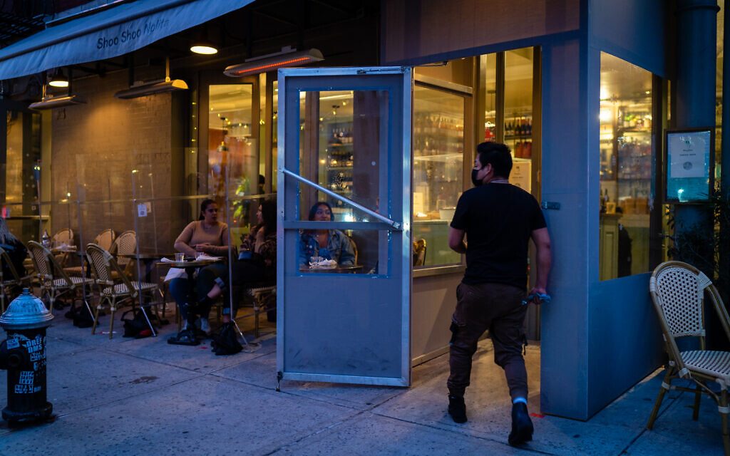 The entrance to Shoo Shoo Nolita, an Israeli-owned restaurant in New York City, December 13, 2020. (Luke Tress/Times of Israel)