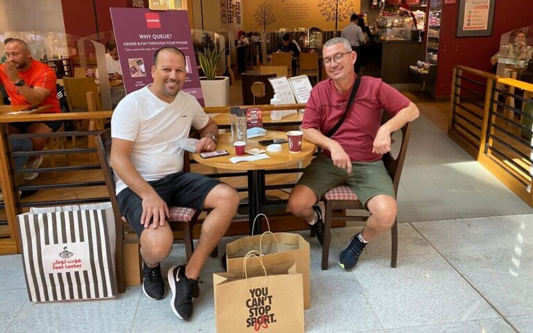 Rafi Revach (left) and Nissim Arush, two Israelis from Dimona visiting the Dubai Mall, December 9, 2020 (Shoshanna Solomon/Times of Israel)