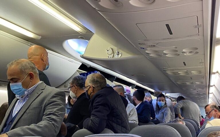 A FlyDubai flight from Tel Aviv to Dubai on December 7, 2020. (Shoshanna Solomon/ Times of Israel)