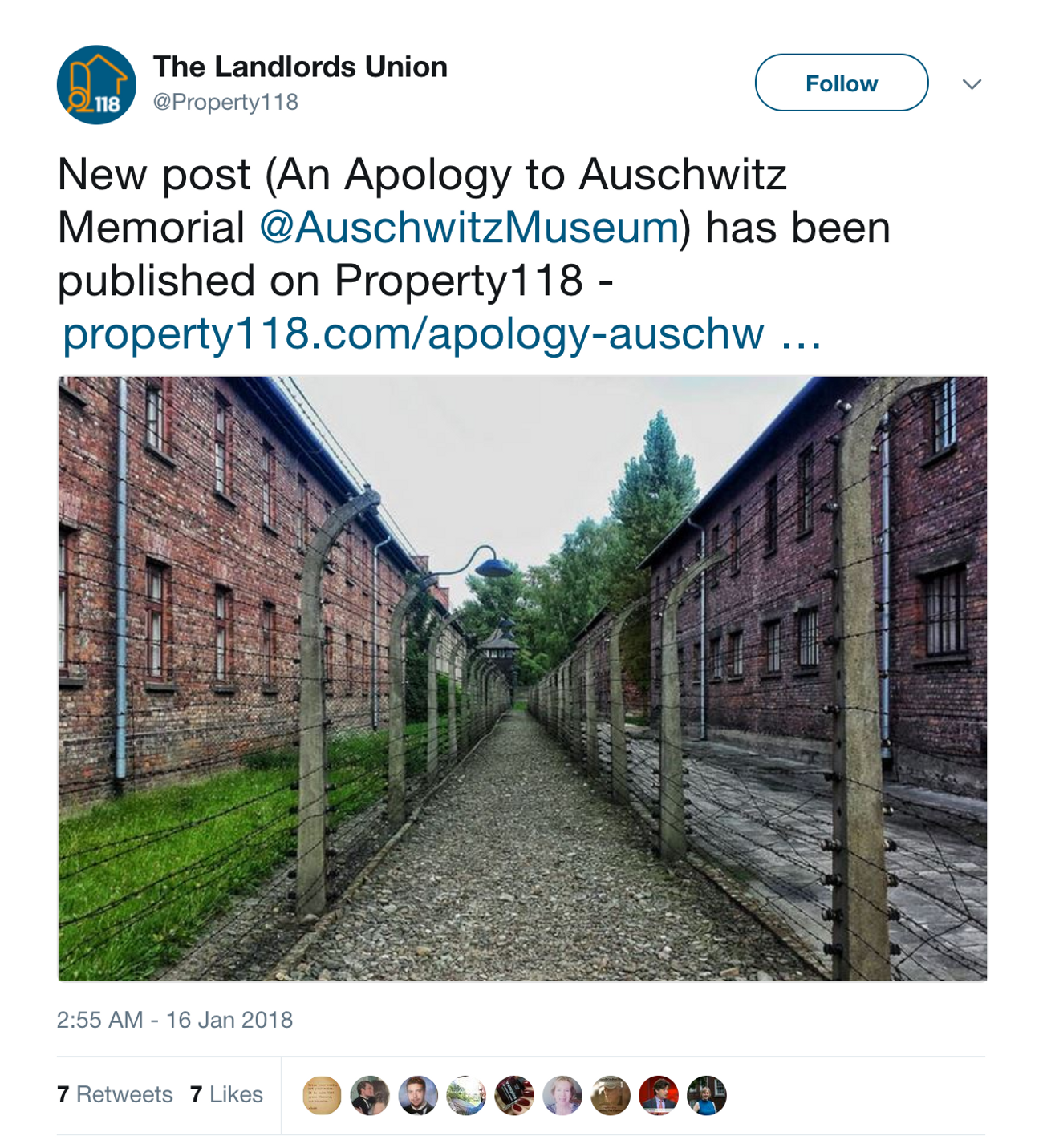 Landlords Union a utilisé par inadvertance une photo d'Auschwitz sur Twitter