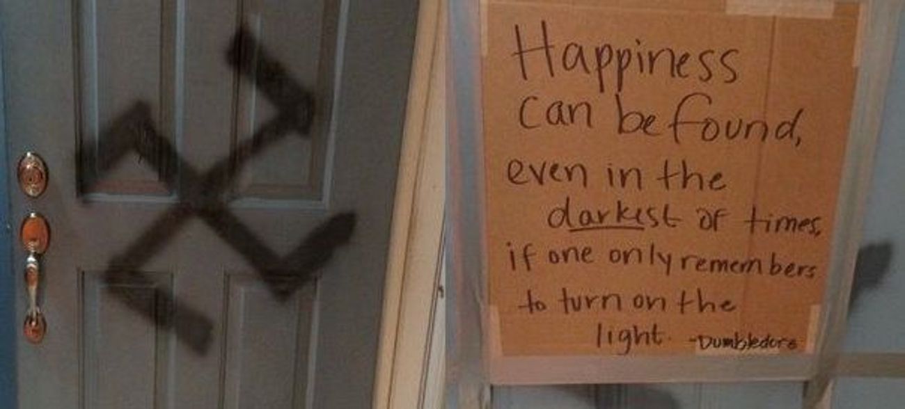 Une femme trouve une croix gammée sur sa porte et riposte avec Dumbledore