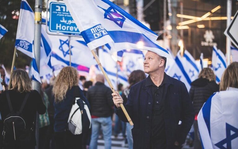 Erel Margalit, founder and chairman of JVP at a protest against the judicial overhaul in Haifa. (Micha Brickman/Courtesy)