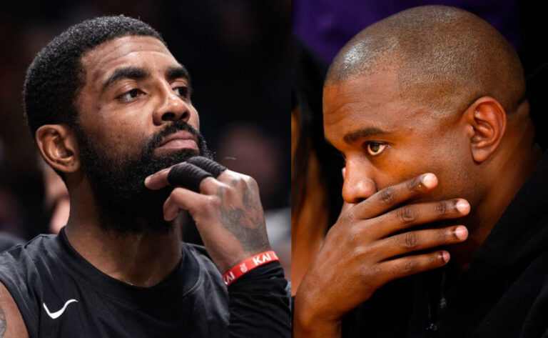Left: Kyrie Irving looks on from the bench during a game against the Indiana Pacers at the Barclays Center in Brooklyn, Oct. 31, 2022, and Kanye West, now known as Ye, attends a game in March 2022 between the Washington Wizards and home team Los Angeles Lakers.