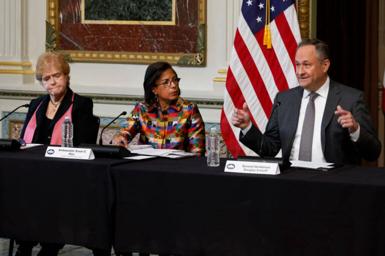 Second gentleman Douglas Emhoff during a roundtable about the rise of antisemitism on December 07, 2022.