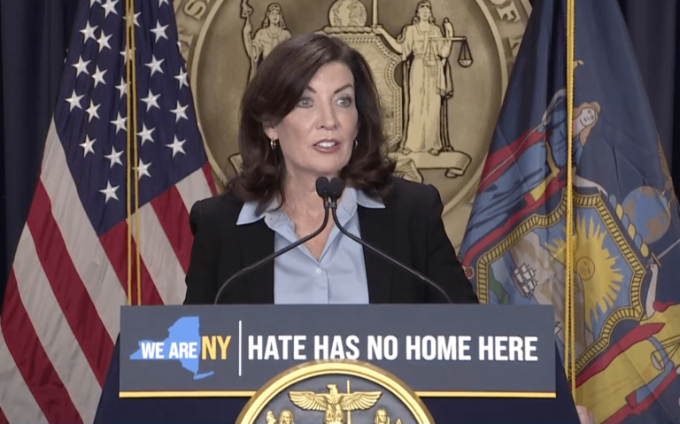 New York Gov. Kathy Hochul speaks about hate crime prevention on Nov. 22, 2022.