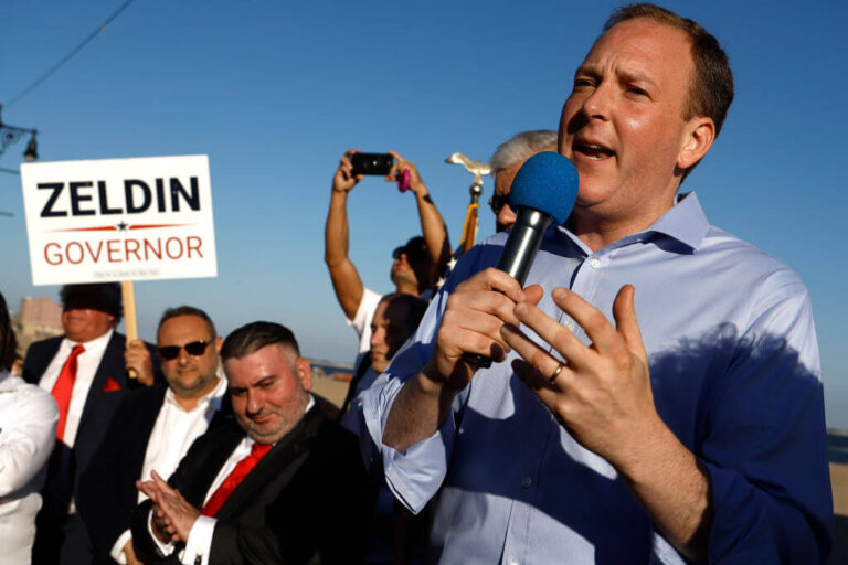 Republican gubernatorial candidate Lee Zeldin speaks during a rally in Brighton Beach on Aug. 3, 2022.