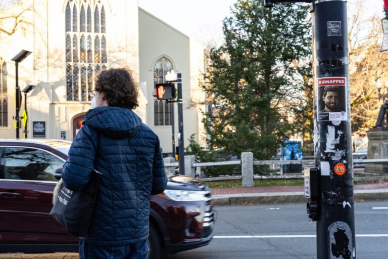 A "Kidnapped" poster on the Harvard University campus in Cambridge, Mass. on Tuesday, Dec. 12, 2023.