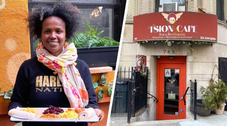 Beejhy Barhany shows off the vegan dishes at her recently kosher-certified Ethiopian-Israeli Harlem restaurant, Tsion Cafe. (Lisa Keys)