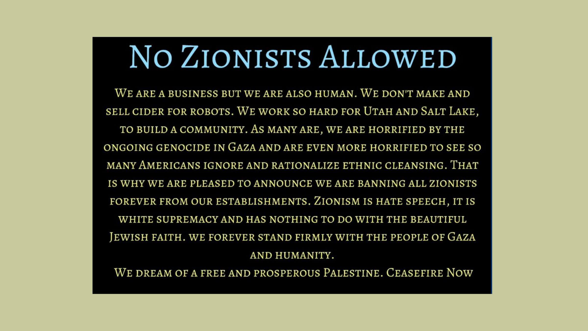 « Pas de sionistes autorisés » dans un bar de Salt Lake City.  Le propriétaire dit qu'il n'est pas un antisémite