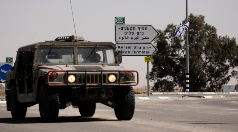 An Israeli army vehicle moves after Hamas fired a mortar attack on May 5, 2024 in Kerem Shalom, Israel. (Amir Levy/Getty Images)