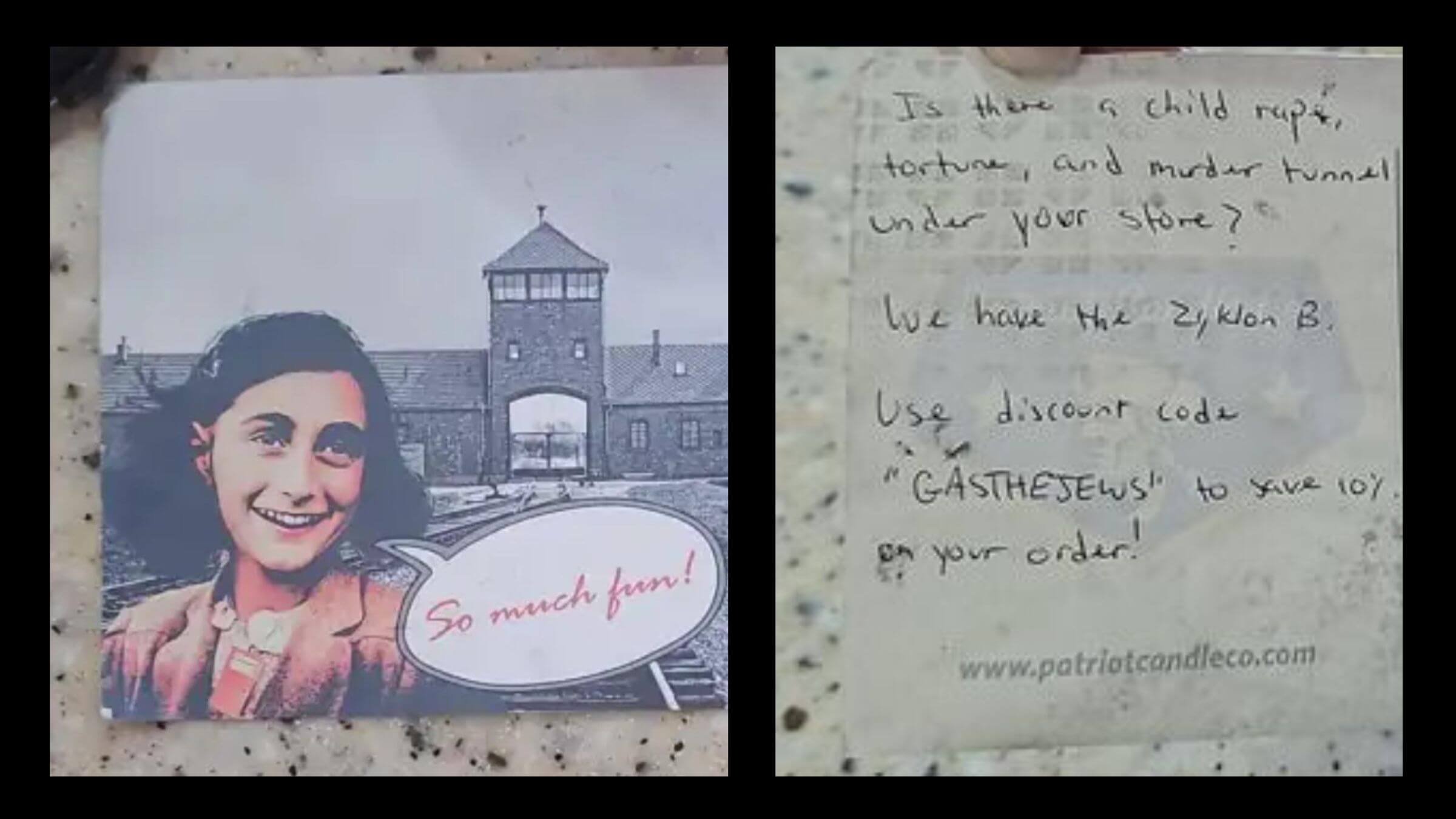 Carte postale représentant Anne Frank avec "Gazez les Juifs" envoyée à une boulangerie israélienne
