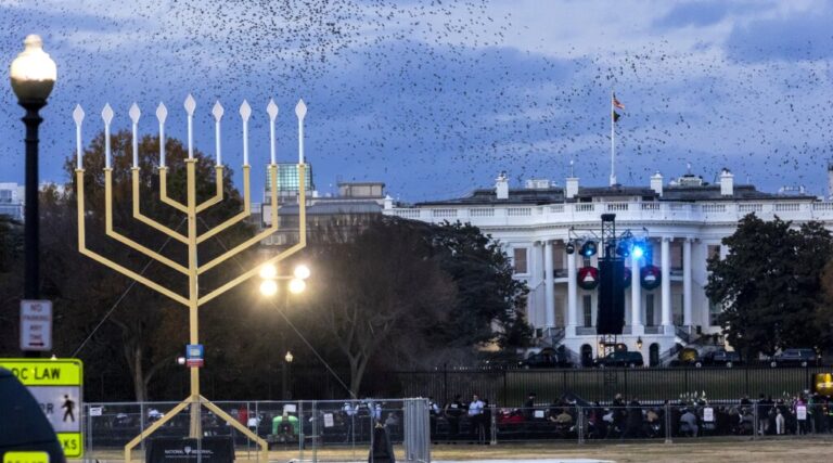 The “National Menorah,” erected by Chabad-Lubavitch in front of the White House in Washington, Dec. 2, 2021. (Kerem Yucel/Anadolu Agency via Getty Images)