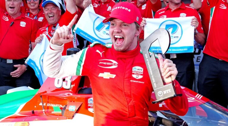 IndyCar driver Robert Shwartzman poses for a group photo with his team after winning the pole award as the fastest qualifier for the 109th running of the Indianapolis 500 on May 18, 2025, at the Indianapolis Motor Speedway in Indianapolis, Indiana. (Brian Spurlock/Icon Sportswire via Getty Images)