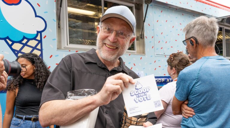 Jerry Greenfield promotes a get-out-the-vote effort with ice cream