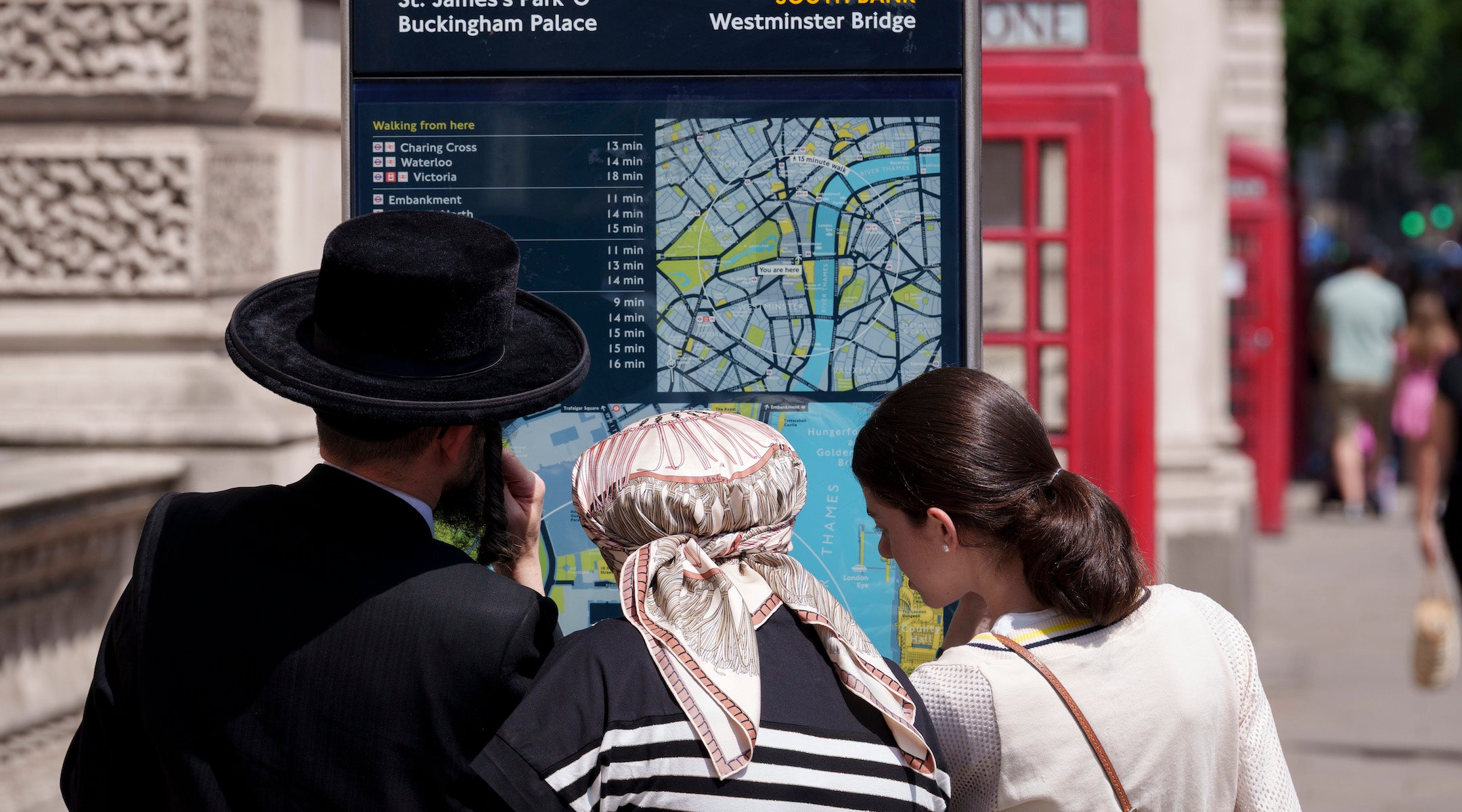 Hasidic Jews looking at a map for directions.