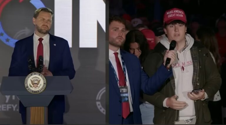 Split-screen of J.D. Vance and a questioner wearing a MAGA hat